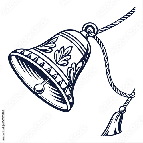 Single sleigh bell with ornate design on rope hanging