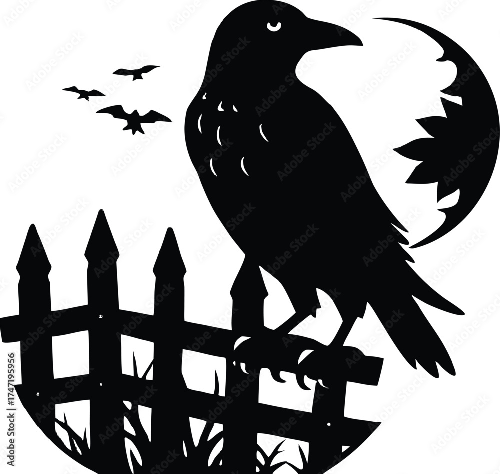 Fototapeta premium Black Raven On Spooky Fence Post Silhouette