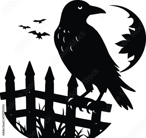 Black Raven On Spooky Fence Post Silhouette