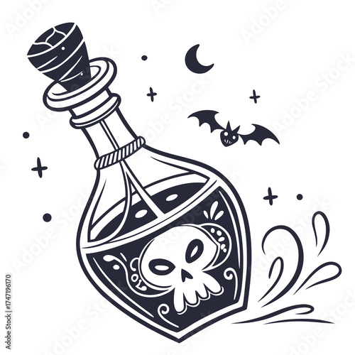 Spooky potion bottle with skull and bat halloween