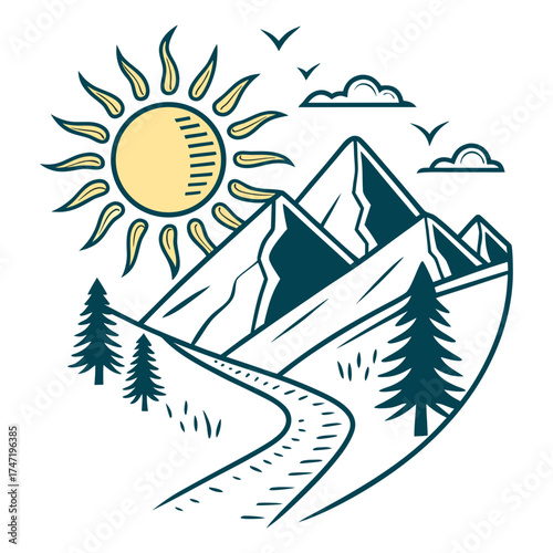 Sun over mountains with winding road and pine trees
