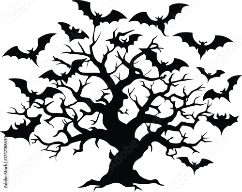Flying Bats Swarm Around Haunted Tree Silhouette