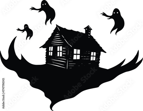 Floating Spirits Above Abandoned Cabin Silhouette