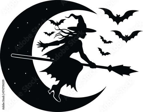 Flying Witch On Broomstick Under Full Moon Silhouette