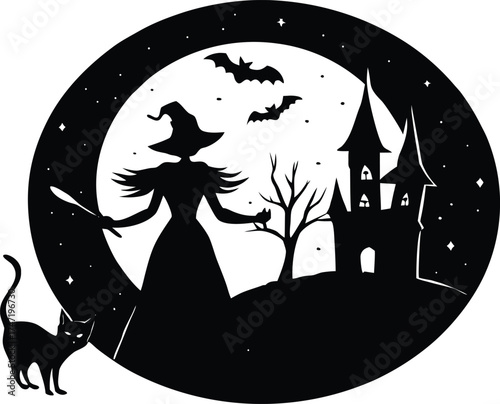 Full Moon Night With Witch And Black Cat Silhouette