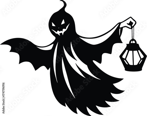 Ghost Flying Out Of Pumpkin Lantern Silhouette