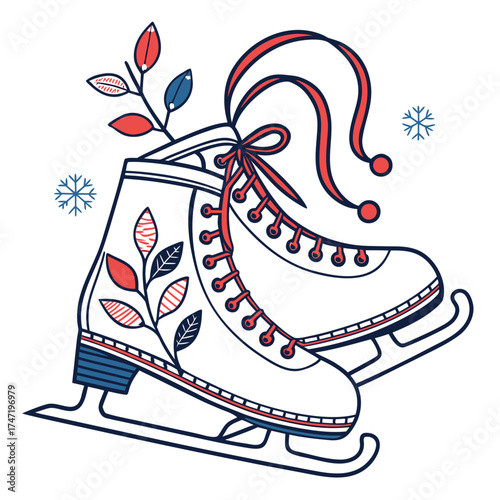 White ice skates with festive red blue leaf decoration