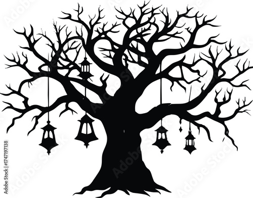 Gnarled Tree With Hanging Lanterns Silhouette