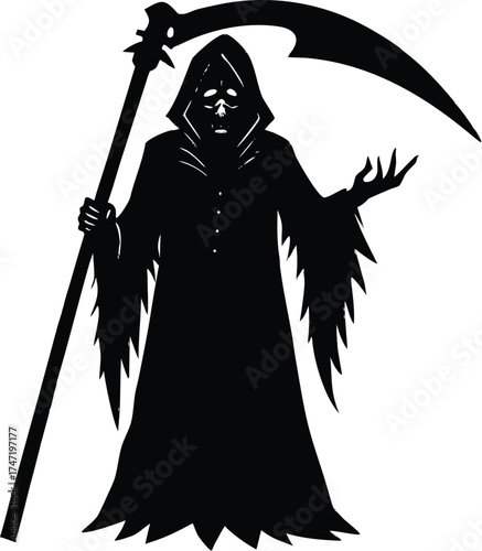 Grim Reaper With Scythe And Tattered Cloak Silhouette