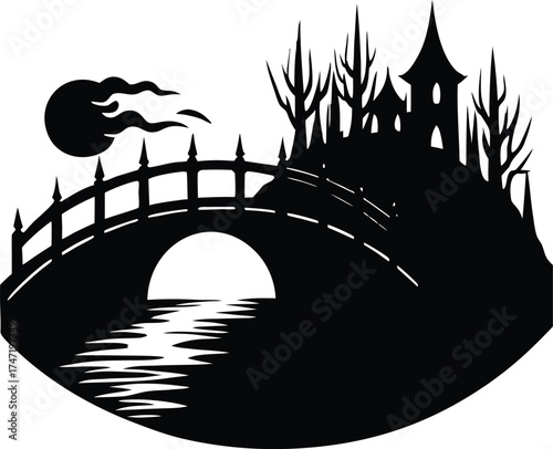 Haunted Bridge Over Dark River Silhouette