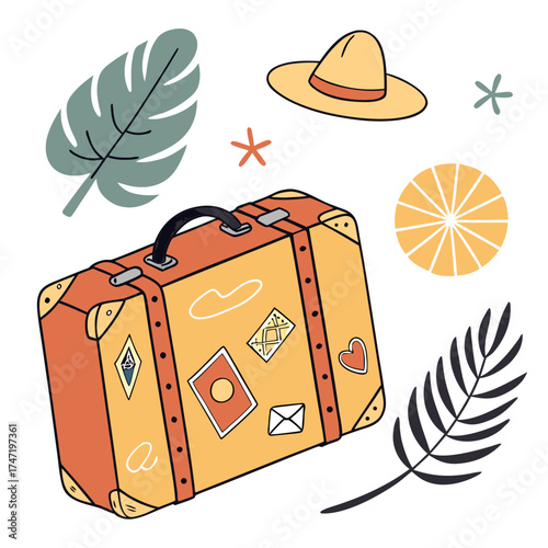 Yellow suitcase with travel stickers and summer icons