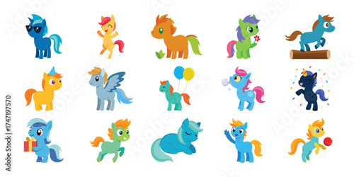 Collection of cute cartoon ponies and unicorns with colorful manes and tails in various poses and expressions