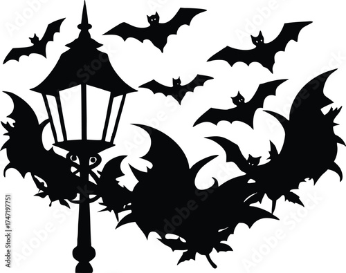 Haunted Streetlamp Surrounded By Bats Silhouette