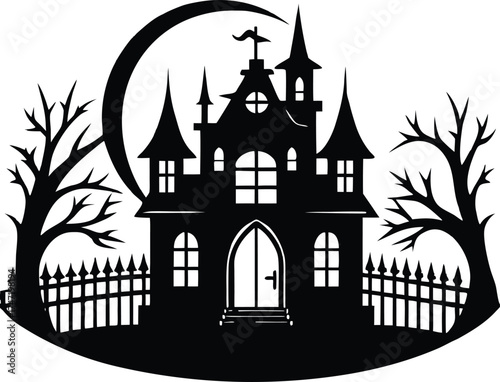 Haunted Victorian Mansion With Front Gate Silhouette