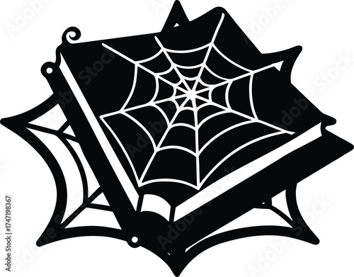 Magic Spell Book On Cobweb Table Silhouette