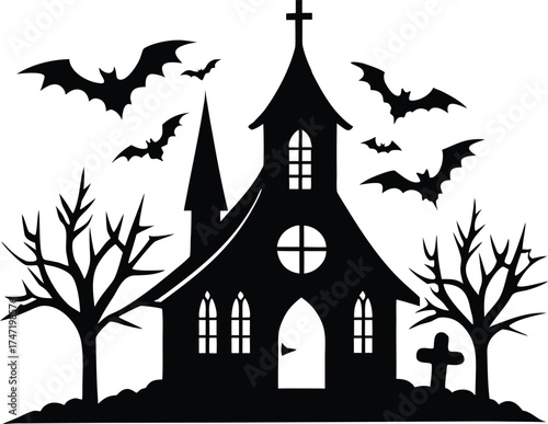 Old Haunted Church With Cross And Bats Silhouette