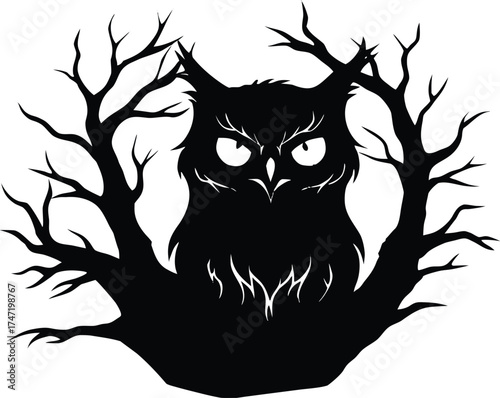 Owl Eyes Glowing In Haunted Hollow Tree Silhouette