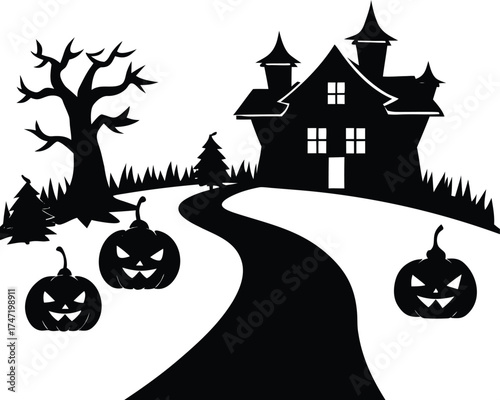Pumpkin Lantern Path Leading To Haunted House Silhouette