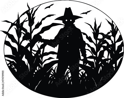 Scarecrow In Cornfield At Sunset Silhouette