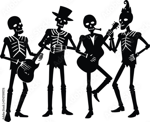 Skeleton Band Playing Instruments Silhouette