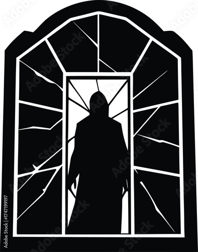 Shadowy Figure Behind Cracked Window Silhouette