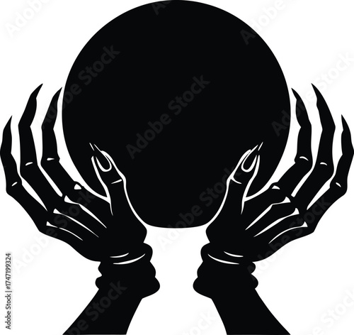 Skeleton Hands Holding Glowing Crystal Ball Silhouette