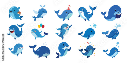 Collection of cute cartoon whales and dolphins in various playful poses and activities