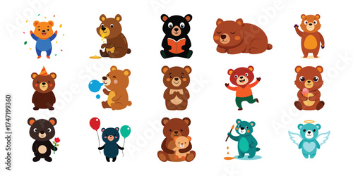 Collection of diverse cartoon bears in various playful poses and activities with vibrant colors