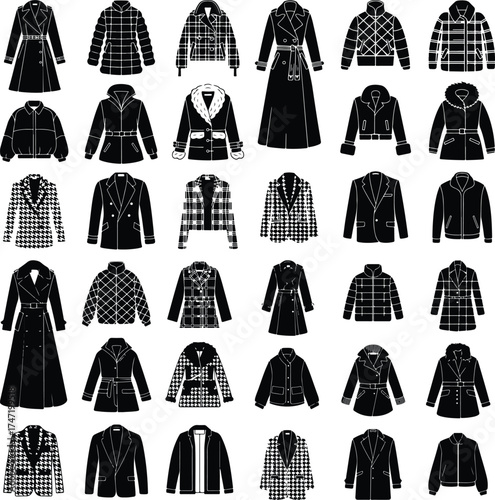 Patterned Coat and Jacket Icon Silhouette Set Stylish Winter Garment Silhouette Collection