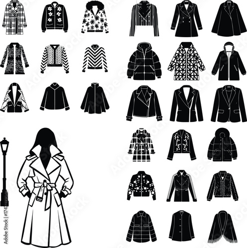 Patterned Coat and Jacket Icon Silhouette Set Stylish Winter Garment Silhouette Collection