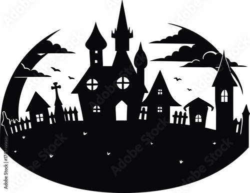 Spooky Village Skyline At Dusk Silhouette