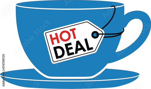 Blue teacup with a "Hot Deal" tag, symbolizing a special offer or promotion