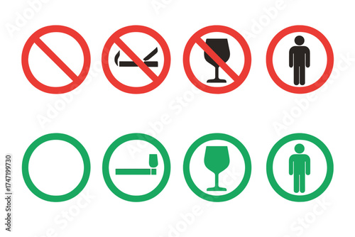 Prohibition and Allowed Signs Vector Set, No Smoking No Drinking and Person Symbols, Simple Flat Design Icons, Transparent Background, Clear Red and Green Circles for Safety and Instructional Use