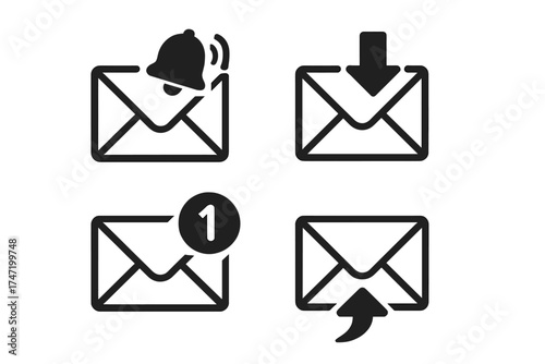 Email icons set vector illustration, communication concept with notification bell, incoming and outgoing message arrows, new message alert, transparent background, ordered design