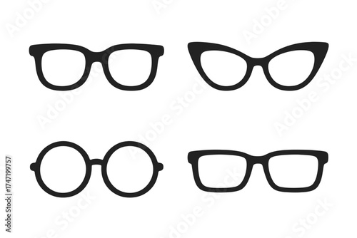 Retro eyeglasses vector icon set, black silhouette vintage glasses shapes, round, cat eye, square, and rectangular frames, isolated transparent background