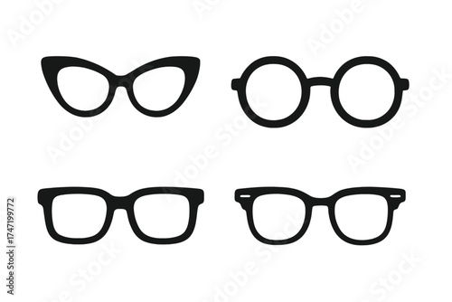 Retro eyeglasses vector icons set, classic vintage frame silhouettes, transparent background, stylish eyeglass shapes collection, round, cat-eye, square, hipster fashion glasses