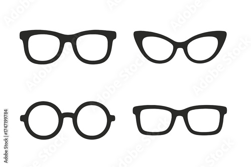 Retro Eye Glasses Vector Icons Set with Transparent Background, Classic and Vintage Eyewear Silhouettes, Stylish Optical Frames Collection in Simple Black Design