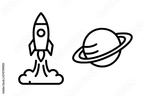 Rocket launch icon with Saturn planet, space vector illustration, cosmic exploration concept, spaceship takeoff with smoke cloud, outer space travel symbol, astronomy graphic