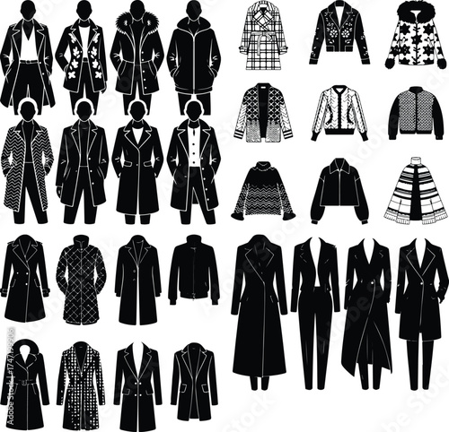 Patterned Coat and Jacket Icon Silhouette Set Stylish Winter Garment Silhouette Collection