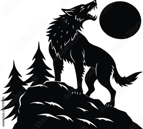 Werewolf Howling On Rocky Cliff Silhouette