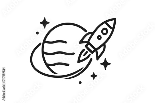 Rocket flying around planet icon, space exploration concept, futuristic rocket ship vector illustration with transparent background, cosmic journey, universe travel design