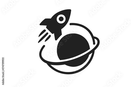 Rocket ship flying around planet icon, space exploration symbol, vector illustration with orbit ring and rocket trail, cosmic universe, galaxy travel design, transparent background