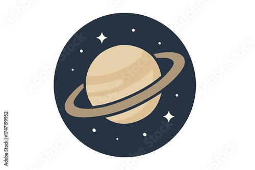 Saturn planet icon with rings in space. Vector illustration of solar system, cosmic planet with orbit ring. Astronomy, galaxy, universe, night sky, stars, science concept