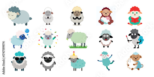 Collection of adorable cartoon sheep and lambs in various cute outfits and poses