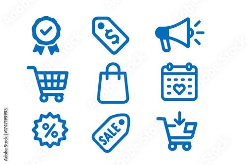 Shopping & e-commerce vector icon set. Web elements for online store. Includes cart, add to cart, bag, sale tag, discount percent, price, promotion, quality badge, wish list.
