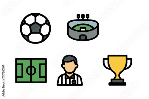 Football sport icon collection. Soccer game flat line vector symbols. Pitch, stadium, referee, trophy cup, ball icons. For web design, mobile app pictogram, UI UX elements.