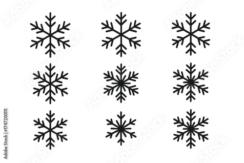 Winter Snowflakes Icons Set, Stylish Vector Illustration of Snow Crystals for Seasonal and Holiday Design, Transparent Background, Ordered Collection of Frosty Symbols
