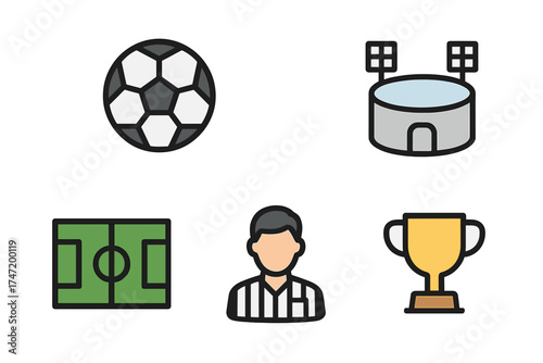 Soccer icon set for web and mobile. Football flat icons collection. Vector graphic elements for UI design. Contains stadium, field, ball, referee, and winner cup trophy symbols.