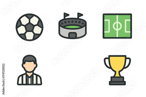 Soccer football sport flat icon set. Vector graphic elements collection includes ball, stadium, field, referee, player, and champion winner trophy cup for web and mobile apps.