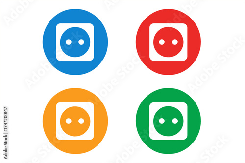 Colored socket plug icons set in circle design, vector illustration of electrical outlet symbols in red, blue, orange, and green, flat style graphic, modern power plug symbols